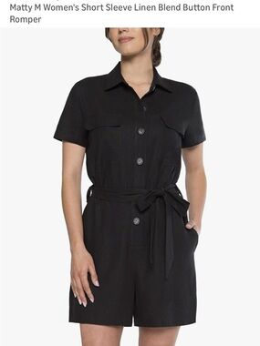 Matty M Black Linen Blend Short Sleeve Button-Front Romper Size M